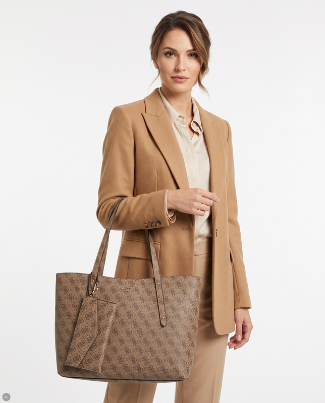 Guess Abey Klasyczna Torba Damska Duża A4 Z Saszetką Beżowa HWLG9648240-BEIGE   