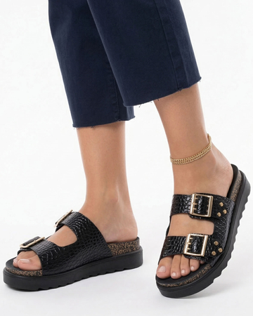 Yokono Tunez Women's Platform Slides Leather Crocodile Embossed Black TUNEZ-262-COC-NEG