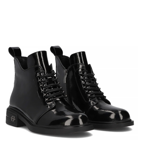 Filippo Patent Leather Lace-Up Women's Ankle Boots Flat Heel Black DBT631825BK