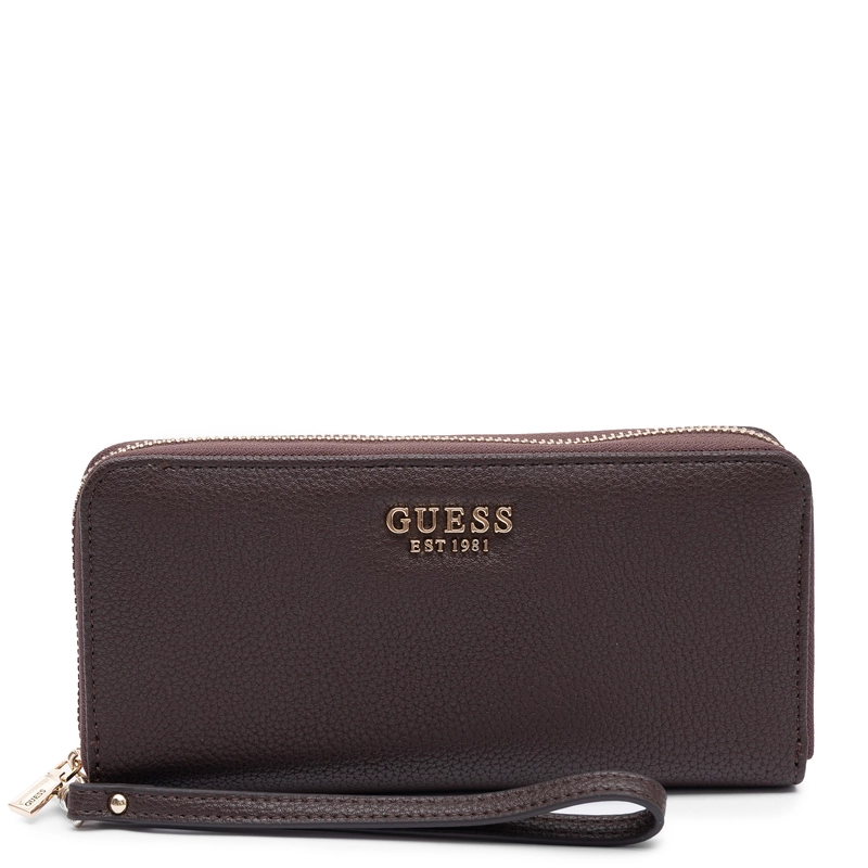 Guess Elegancki Zapinany Na Zamek Portfel Damski Z Paskiem Brązowy SWBG9735146-BROWN