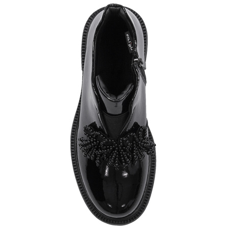 Filippo Skórzane Lakierowane Botki Damskie Ocieplane Na Klocku Czarne DBT6370/25BK