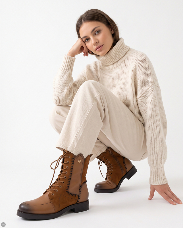 Maciejka Leather Lace-Up Boots Decorative Stitching Ankle Boots Side Zip Cognac Brown A7155-07/00-7