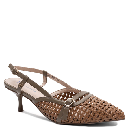 Maciejka Skórzane Ażurowe Czółenka Slingback na Szpilce Brązowy K7446-29/00-