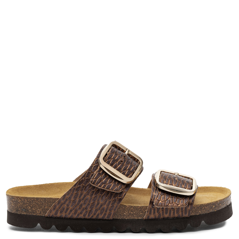 Dr. Brinkmann Leather Croc-Embossed Buckle Slides on Cork Sole Brown 700910-23