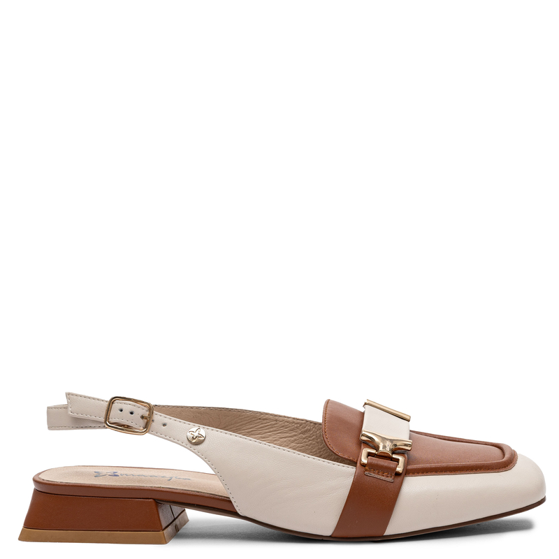 Maciejka Skórzane Półbuty Slingback Czółenka na Niskim Obcasie Beżowo-Brązowe K7441-04/00-1