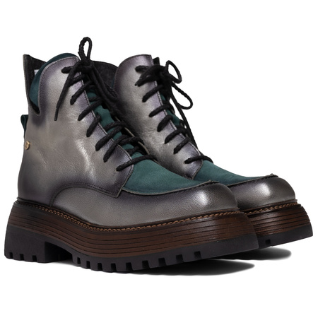 Maciejka Leather Lace-Up Ankle Boots on Platform Silver-Green 07110-09-00-8