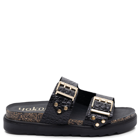 Yokono Tunez Women's Platform Slides Leather Crocodile Embossed Black TUNEZ-262-COC-NEG