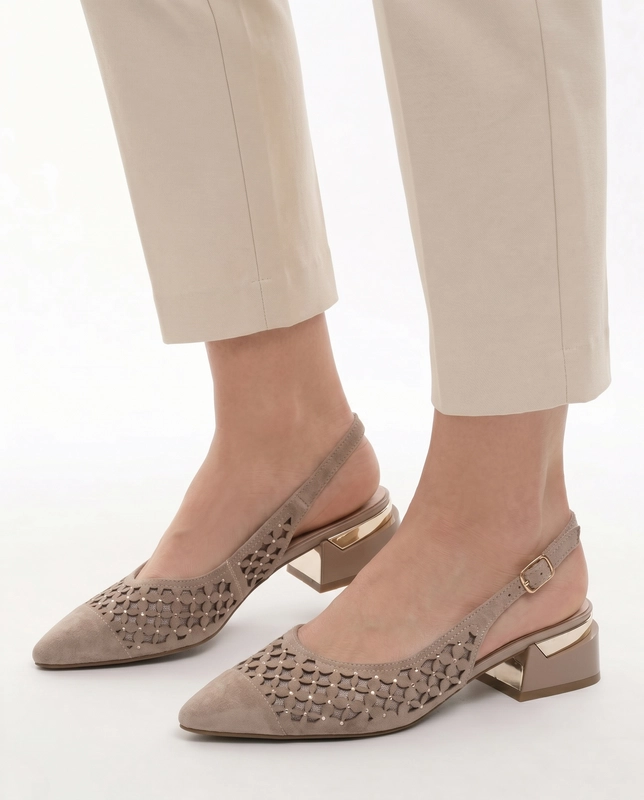 S.Barski Skórzane Czółenka Ażurowe z Kryształkami Beżowe CR61-3004-BEIGE