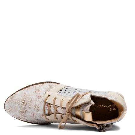 Maciejka Skórzane Botki Ażurowe Trzewiki na Niskim Obcasie Beżowe 05541-22/00-5