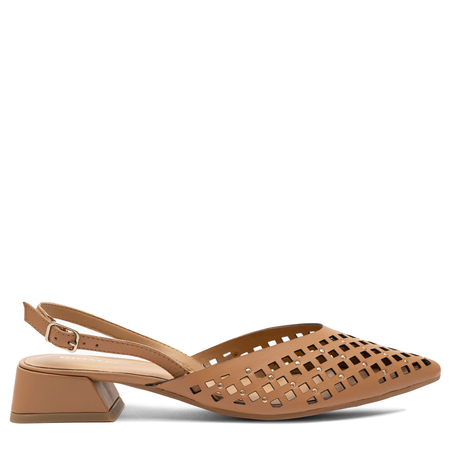 Gioseppo Skórzane Ażurowe Czółenka Slingback Na Niskim Obcasie Brązowe 79015-LAGOS-TAN