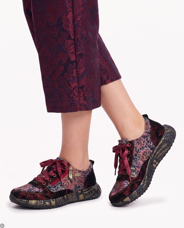 Laura Vita Kwiatowe Skórzane Sneakersy Sznurowane Wielokolorowe 0008116-BUR-WINE