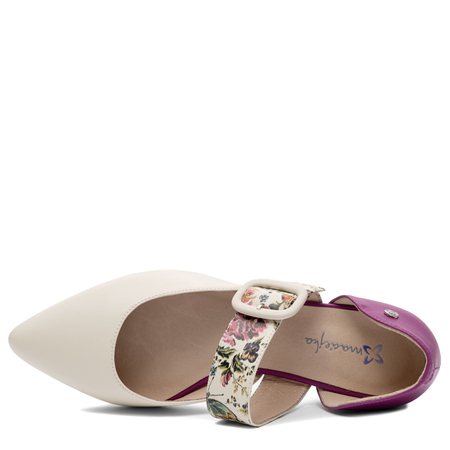 Maciejka Leather Mary Jane Flats With Floral Strap Pointed Toe Beige-Pink K7438-15/00-1