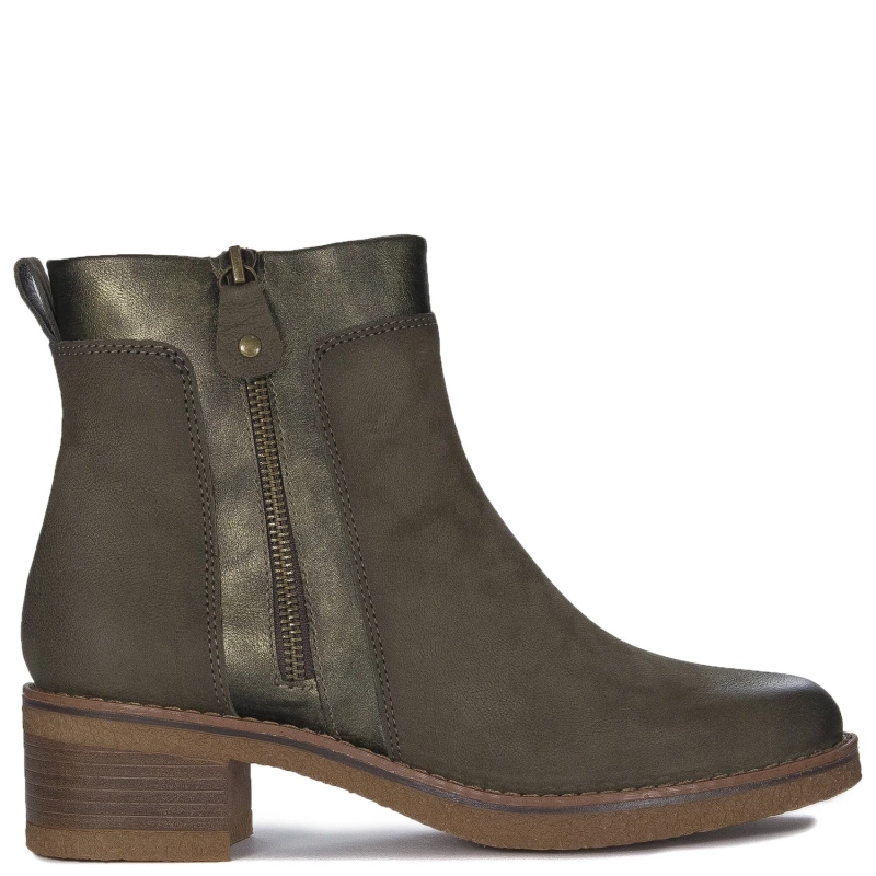 Marco Tozzi Botki skórzane ocieplane Khaki Comb zielone