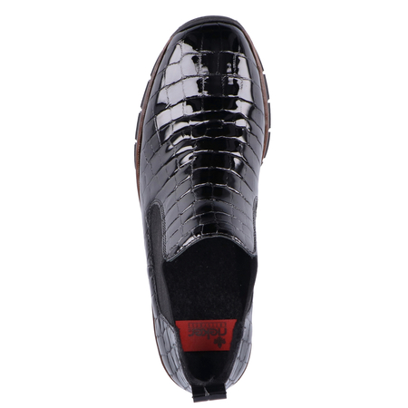 Rieker Lakierowane Skórzane Na Koturnie Półbuty Wsuwane Croco Czarne 53794-01-BLK