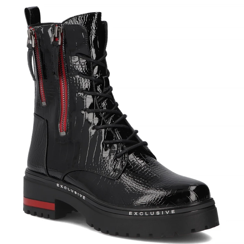 Filippo Damskie Trzewiki Lakierowane Croco Z Czerwonymi Suwakami Botki Ocieplane Czarno-Czerwone DBT4058-26-BK-RD