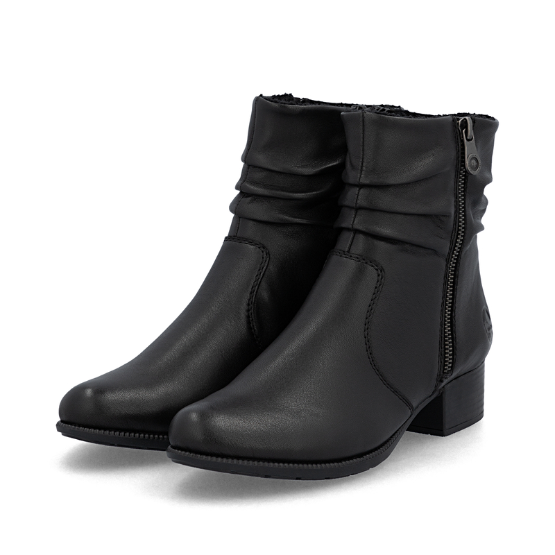 Rieker Ruched Ankle Boots Block Heel Black 78656-00-BLACK