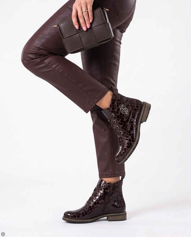 Rieker Women Patent Crocodile Embossed Insulated Lace-Up Ankle Boots Brown 71205-25-BNZ