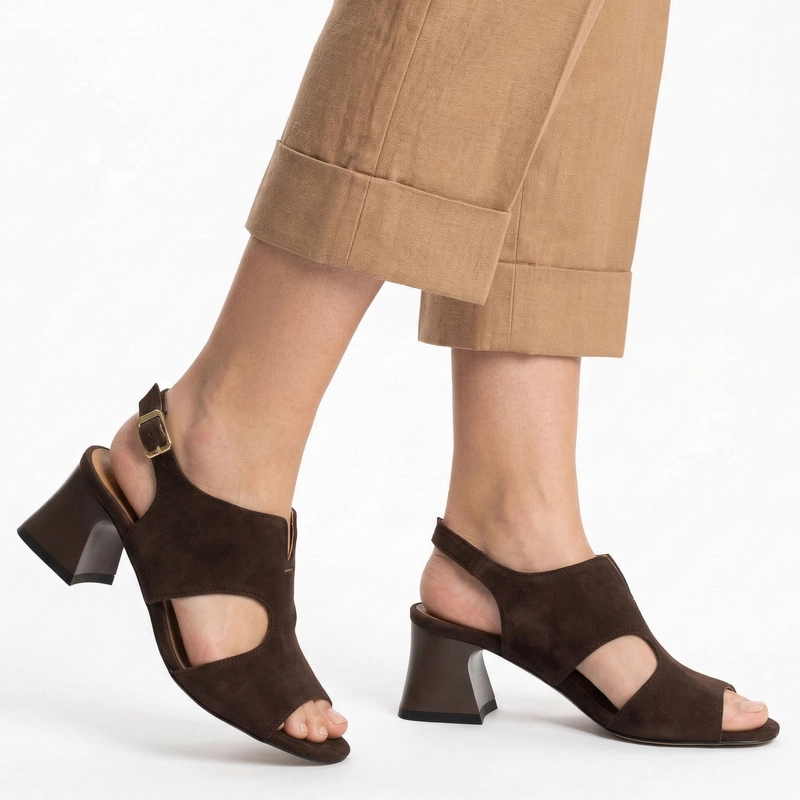 Maciejka Suede Leather Cut-Out Sandals Block Heel Brown 06566-02/00-5