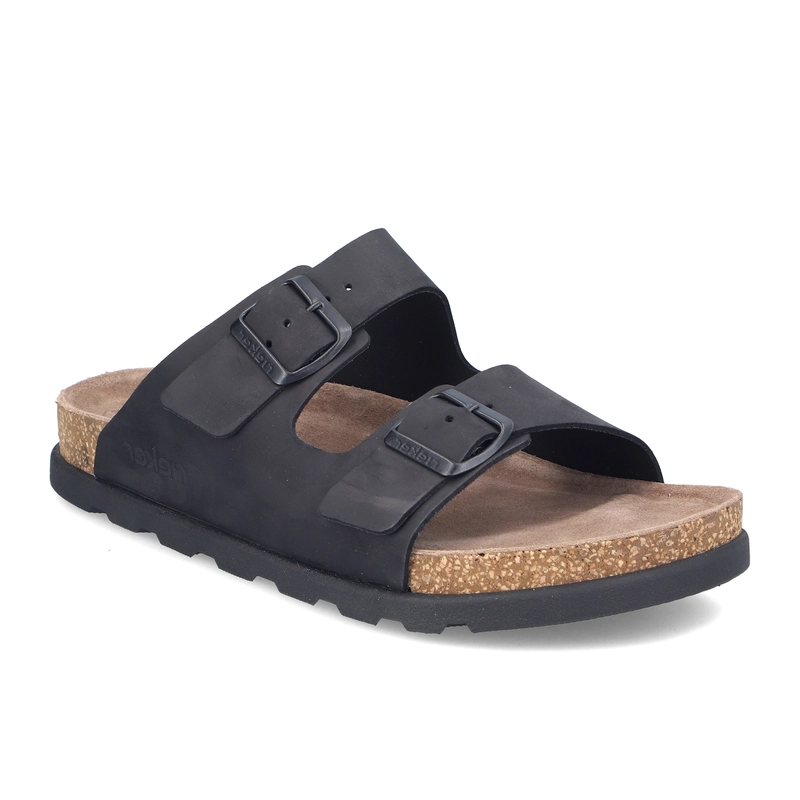 Rieker Leather Men's Slides Adjustable Buckles Anatomical Footbed Black 21190-00