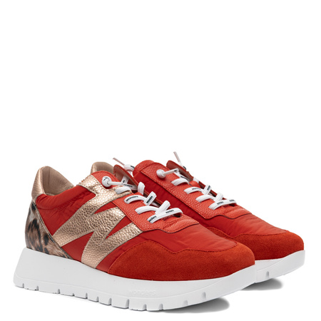Wonders Leather Platform Sneakers Sporty Derby Metallic Logo & Leopard Red A-24100-FLAM-RAME