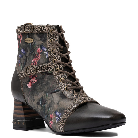 Laura Vita Leather Lace-Up Ankle Boots Block Heel Khaki TALAO-003-KAKI