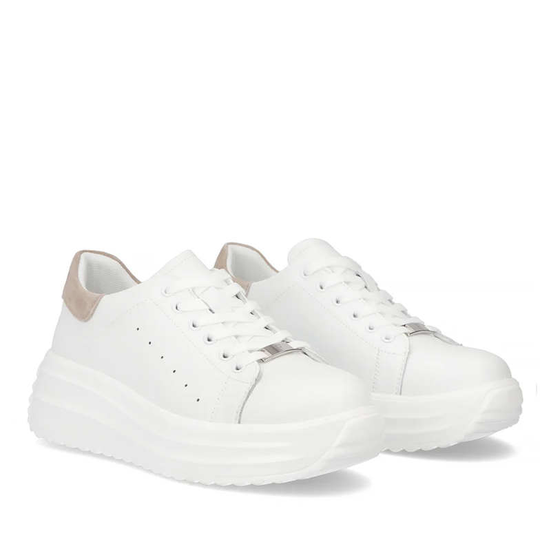 Filippo Skórzane Sneakersy na Platformie Półbuty Ultralekkie Biało-Beżowe DP6739-26-WH-BE