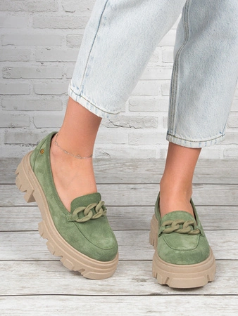 Maciejka Półbuty damskie skórzane zamszowe zielone