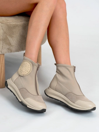 Maciejka Skórzano-Tkaninowe Botki Na Platformie Jasny Beż 06297-22/00-8