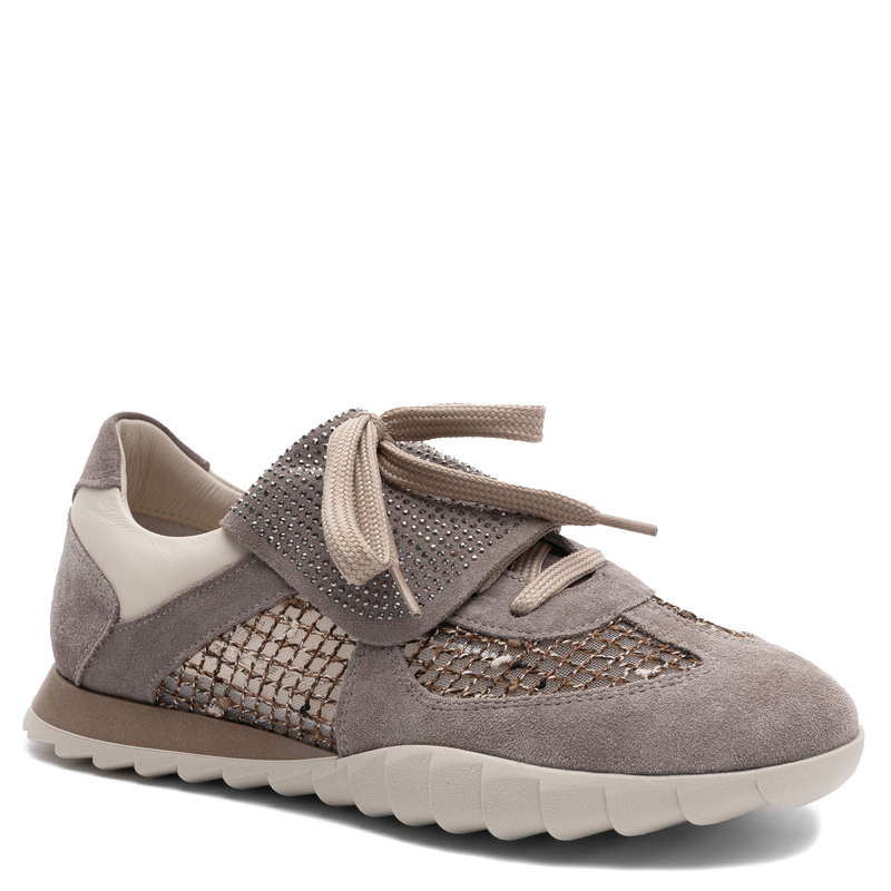 Boccato Leather Openwork Sneakers With Rhinestones Beige 072-5015-375-FA