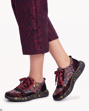 Laura Vita Kwiatowe Skórzane Sneakersy Sznurowane Wielokolorowe 0008116-BUR-WINE
