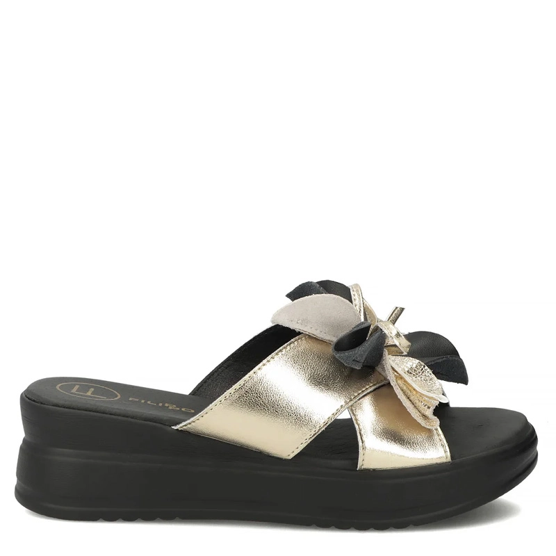 Filippo Leather Wedge Slippers With Decorative Bow Gold DK7636-26-GO-BK