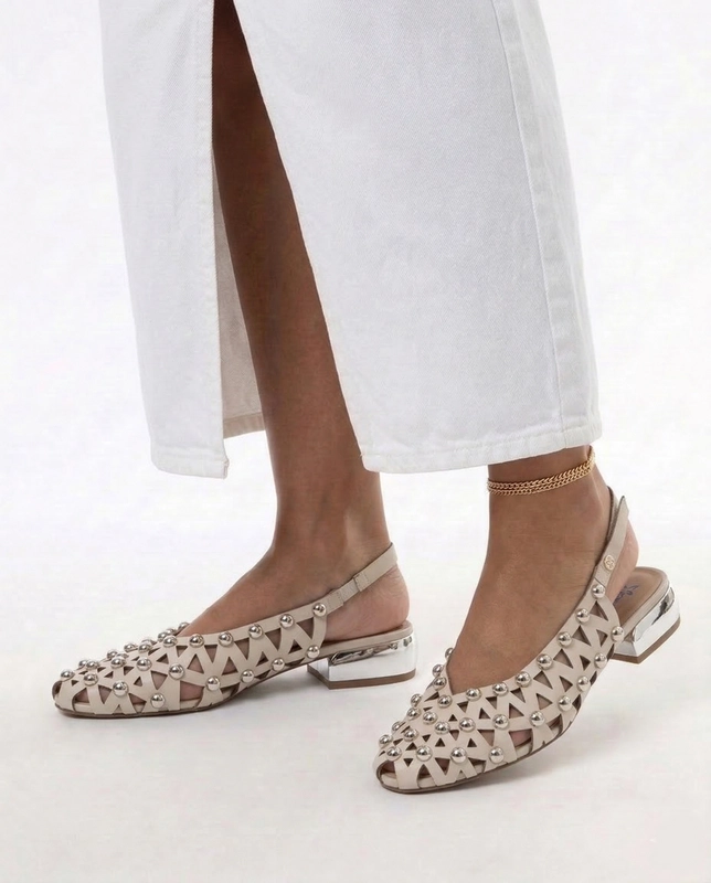 Maciejka Leather Cutout Slingback Flats With Silver Studs Beige K7480-04/00-1