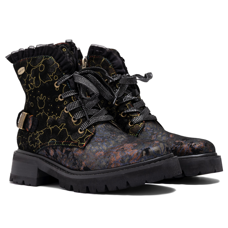 Laura Vita Leather Lace-Up Women’s Ankle Boots Trzewiki Artistic Print Black Multicolor KOULEO-047-NOIR