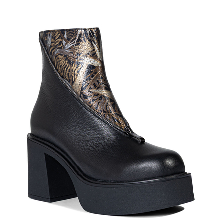 Boccato Asymmetric Block-Heel Ankle Boots With Front Zipper Black 3200-BLACK-GOLD