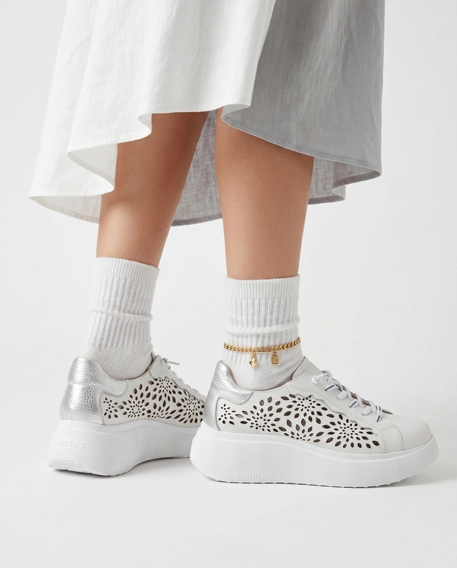 Wonders Leather Laser-Cut Platform Sneakers Women White-Silver A-3641-OFF-PLATA
