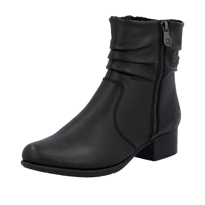 Rieker Ruched Ankle Boots Block Heel Black 78656-00-BLACK