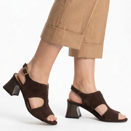 Maciejka Suede Leather Cut-Out Sandals Block Heel Brown 06566-02/00-5