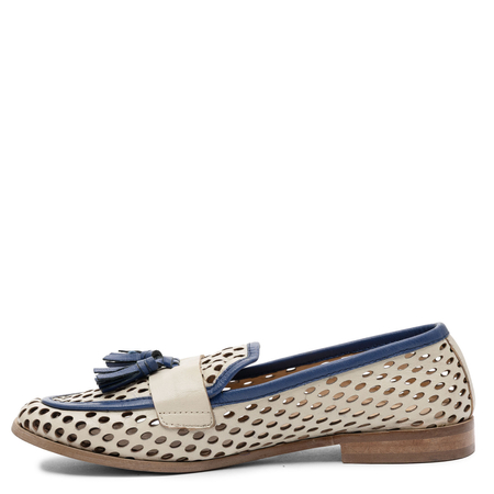 Maciejka Leather Openwork Loafers Slip-On Shoes with Tassels Beige-Navy HJ760-17/00-1