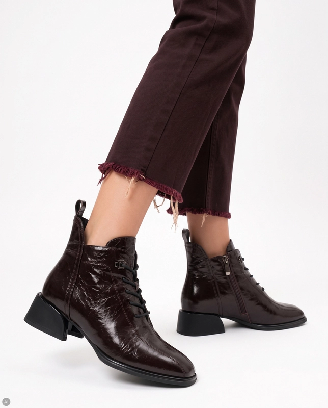 Filippo Elegant Crinkled Leather Lace-Up Ankle Boots With Block Heel Brown DBT8131-26-DBR
