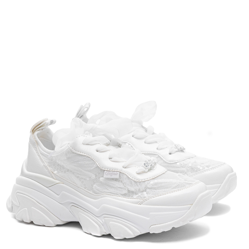 Buffalo Sneakersy na Platformie Białe z Koronką i Cekinami 1636728-WHT
