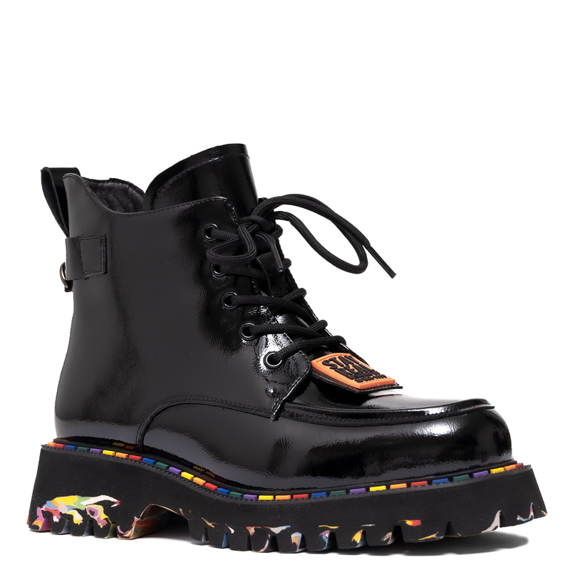 Sokolski Lace-Up Patent Ankle Boots Trzewiki Zip Detail Black CH-Z25-90-BLK-L