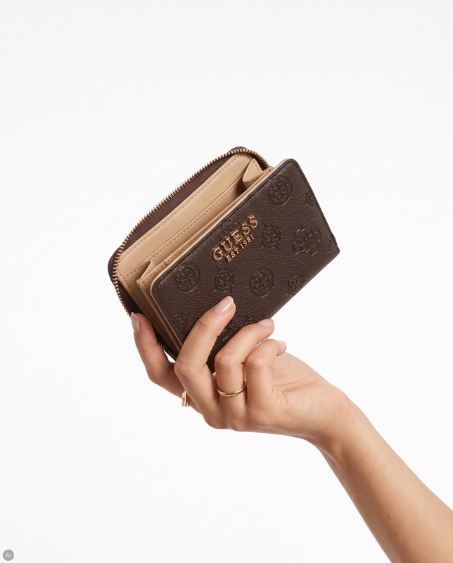 Guess Elegancki Kompaktowy Portfel Damski Z Logo Brązowy PD2222156-BROWN LOGO