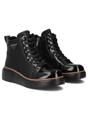 Filippo Leather Patent-Accented Women’s Ankle Boots With Side Zip Platform Black DBT6453-25-BK