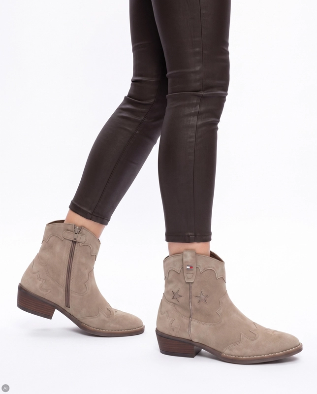 Tommy Hilfiger Suede Cowboy Ankle Boots With Block Heel Beige T3A5-35196-TP