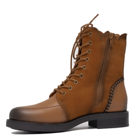 Maciejka Leather Lace-Up Boots Decorative Stitching Ankle Boots Side Zip Cognac Brown A7155-07/00-7