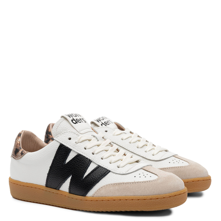 Wonders Skórzane Retro Sneakersy Damskie z Panterkowym Zapiętkiem Biało-Czarno-Beżowe AP-2001-BEIGE-OFF