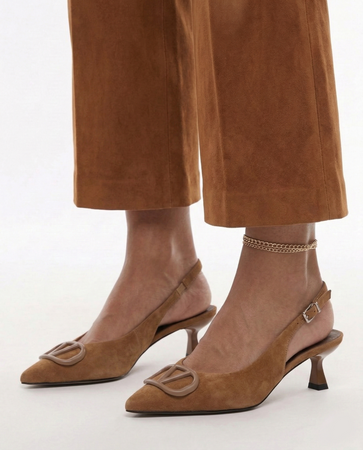 Maciejka Skórzane Czółenka Slingback na Niskiej Szpilce Brązowe K7447-32/00-1