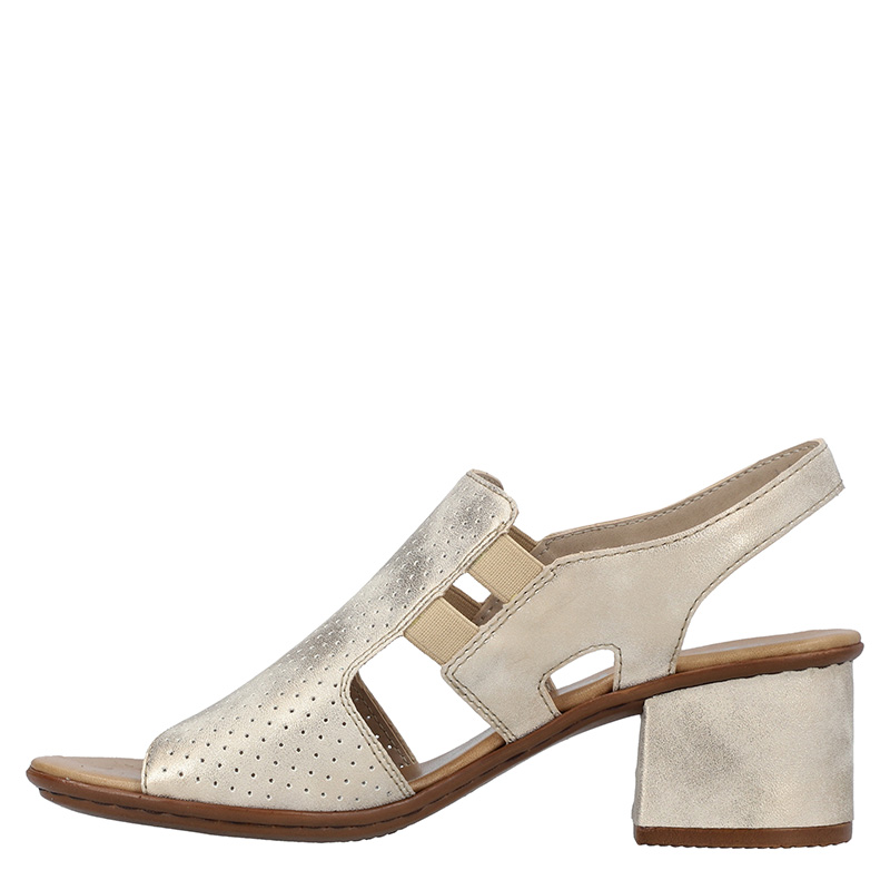Rieker Leather Perforated Block Heel Sandals Metallic Beige 64665-60