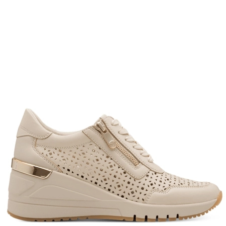 Marco Tozzi Skórzane Ażurowe Sneakersy na Koturnie Cream 2-23501-4440DCRE