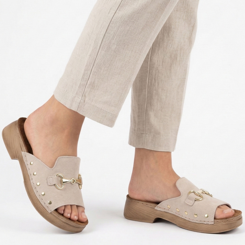 Inblu Leather Slides With Gold Buckle Studded Beige TF0002KU-ICE